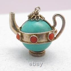 Vintage Chinese Sterling Silver Turquoise Glass Coral Teapot Charm Pendant