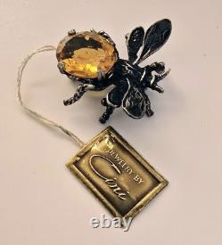 Vintage Cini Sterling Silver Bee Brooch Pin with Amber Glass Stone & Original Tag