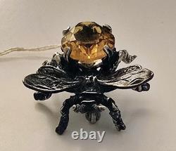 Vintage Cini Sterling Silver Bee Brooch Pin with Amber Glass Stone & Original Tag