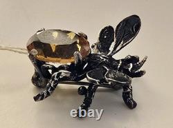 Vintage Cini Sterling Silver Bee Brooch Pin with Amber Glass Stone & Original Tag