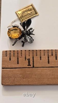 Vintage Cini Sterling Silver Bee Brooch Pin with Amber Glass Stone & Original Tag