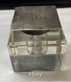 Vintage Cut Glass and Sterling Silver DeskInkwell Antique Victorian Heavy Square