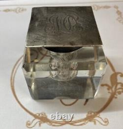 Vintage Cut Glass and Sterling Silver DeskInkwell Antique Victorian Heavy Square