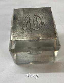 Vintage Cut Glass and Sterling Silver DeskInkwell Antique Victorian Heavy Square
