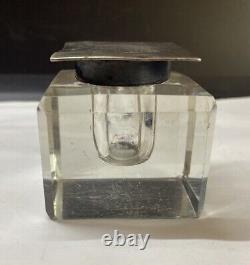 Vintage Cut Glass and Sterling Silver DeskInkwell Antique Victorian Heavy Square