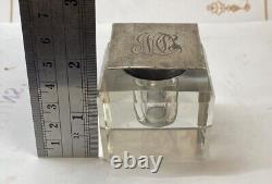 Vintage Cut Glass and Sterling Silver DeskInkwell Antique Victorian Heavy Square