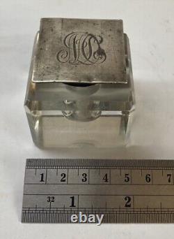Vintage Cut Glass and Sterling Silver DeskInkwell Antique Victorian Heavy Square