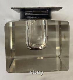 Vintage Cut Glass and Sterling Silver DeskInkwell Antique Victorian Heavy Square