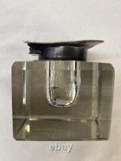 Vintage Cut Glass and Sterling Silver DeskInkwell Antique Victorian Heavy Square