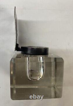 Vintage Cut Glass and Sterling Silver DeskInkwell Antique Victorian Heavy Square