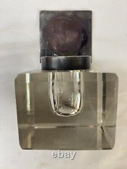 Vintage Cut Glass and Sterling Silver DeskInkwell Antique Victorian Heavy Square
