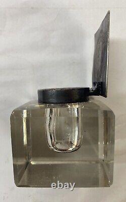 Vintage Cut Glass and Sterling Silver DeskInkwell Antique Victorian Heavy Square