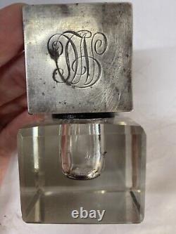Vintage Cut Glass and Sterling Silver DeskInkwell Antique Victorian Heavy Square