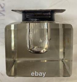 Vintage Cut Glass and Sterling Silver DeskInkwell Antique Victorian Heavy Square