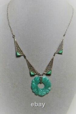 Vintage Czech Max Neiger Sterling Silver Peking Glass Jade Pendant Necklace