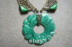 Vintage Czech Max Neiger Sterling Silver Peking Glass Jade Pendant Necklace