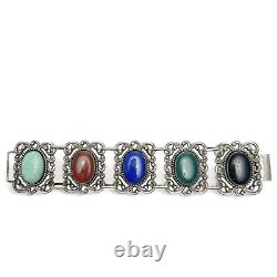 Vintage Danecraft Sterling Silver Multicolor Glass Faux Stone Panel Bracelet