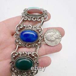 Vintage Danecraft Sterling Silver Multicolor Glass Faux Stone Panel Bracelet