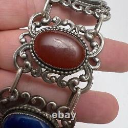 Vintage Danecraft Sterling Silver Multicolor Glass Faux Stone Panel Bracelet