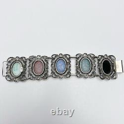 Vintage Danecraft Sterling Silver Multicolor Glass Faux Stone Panel Bracelet