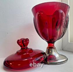 Vintage EMPIRE Viking red glass Sterling Silver 6 petal lid pedestal Candy Dish