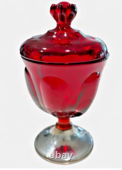 Vintage EMPIRE Viking red glass Sterling Silver 6 petal lid pedestal Candy Dish