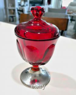 Vintage EMPIRE Viking red glass Sterling Silver 6 petal lid pedestal Candy Dish