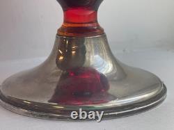 Vintage EMPIRE Viking red glass Sterling Silver 6 petal lid pedestal Candy Dish