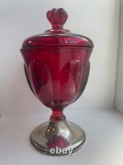 Vintage EMPIRE Viking red glass Sterling Silver 6 petal lid pedestal Candy Dish