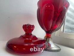 Vintage EMPIRE Viking red glass Sterling Silver 6 petal lid pedestal Candy Dish