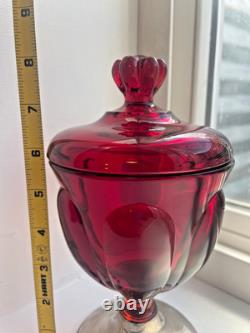 Vintage EMPIRE Viking red glass Sterling Silver 6 petal lid pedestal Candy Dish