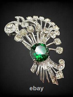 Vintage Eisenberg Sterling Silver Emerald Glass Rhinestone Spray Brooch