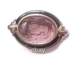 Vintage Enamel Sterling Silver Carved Purple Glass Cameo Necklace Pendant Brooch