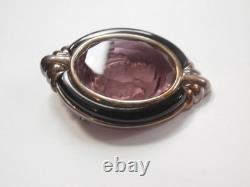 Vintage Enamel Sterling Silver Carved Purple Glass Cameo Necklace Pendant Brooch