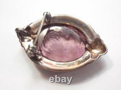 Vintage Enamel Sterling Silver Carved Purple Glass Cameo Necklace Pendant Brooch