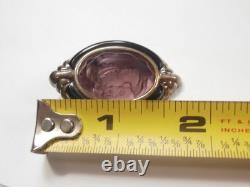 Vintage Enamel Sterling Silver Carved Purple Glass Cameo Necklace Pendant Brooch