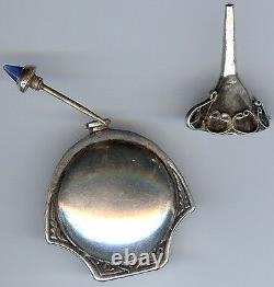 Vintage Engraved Face Design Jeweled Top Silver Perfume Bottle & Funnel