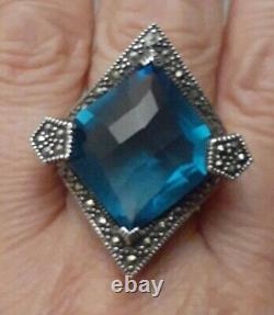 Vintage Estate Sterling Silver Faceted Blue Crystal Glass Pentagon Ring Size 8