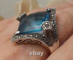 Vintage Estate Sterling Silver Faceted Blue Crystal Glass Pentagon Ring Size 8