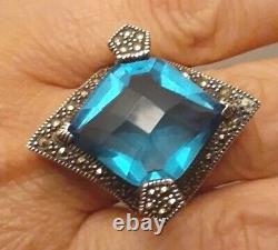 Vintage Estate Sterling Silver Faceted Blue Crystal Glass Pentagon Ring Size 8