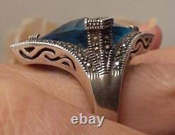 Vintage Estate Sterling Silver Faceted Blue Crystal Glass Pentagon Ring Size 8