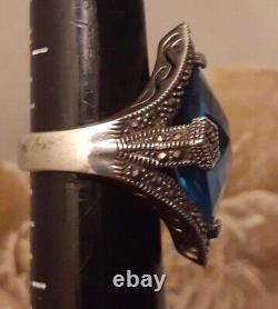 Vintage Estate Sterling Silver Faceted Blue Crystal Glass Pentagon Ring Size 8