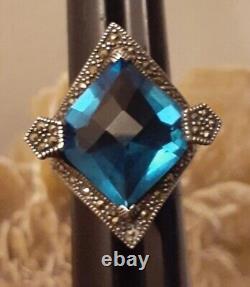 Vintage Estate Sterling Silver Faceted Blue Crystal Glass Pentagon Ring Size 8