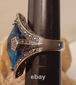 Vintage Estate Sterling Silver Faceted Blue Crystal Glass Pentagon Ring Size 8