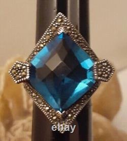 Vintage Estate Sterling Silver Faceted Blue Crystal Glass Pentagon Ring Size 8