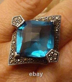 Vintage Estate Sterling Silver Faceted Blue Crystal Glass Pentagon Ring Size 8