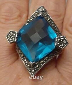 Vintage Estate Sterling Silver Faceted Blue Crystal Glass Pentagon Ring Size 8
