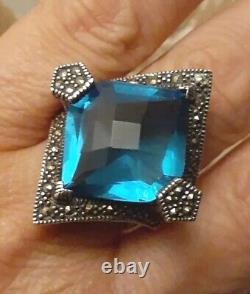 Vintage Estate Sterling Silver Faceted Blue Crystal Glass Pentagon Ring Size 8