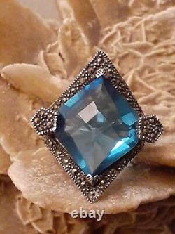 Vintage Estate Sterling Silver Faceted Blue Crystal Glass Pentagon Ring Size 8
