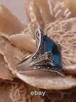 Vintage Estate Sterling Silver Faceted Blue Crystal Glass Pentagon Ring Size 8